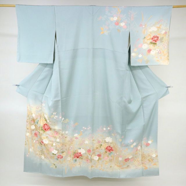 豪華◇逸品訪問着*金彩牡丹の花模様*水色千草鼠◇袷正絹着物◇HA12-6