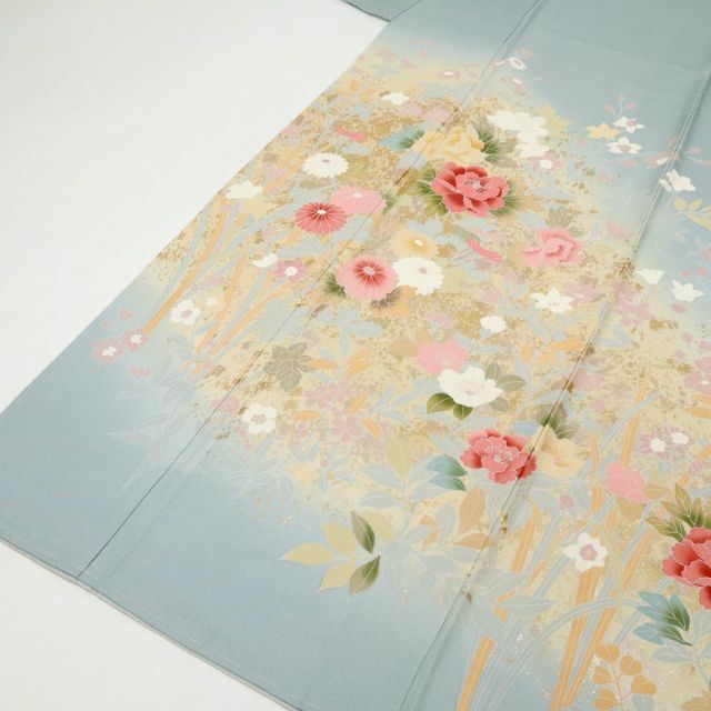 豪華◇逸品訪問着*金彩牡丹の花模様*水色千草鼠◇袷正絹着物◇HA12-6