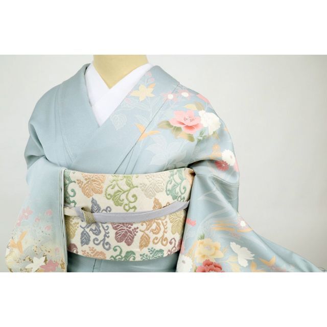豪華◇逸品訪問着*金彩牡丹の花模様*水色千草鼠◇袷正絹着物◇HA12-6