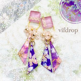 新作【紫色桜和柄】さんかく和紙&金箔七宝和柄タイルの和風ピアス イヤリング(ピアス)