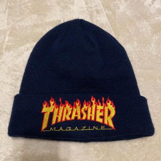 スラッシャー(THRASHER)のニット帽 ニットキャップ ビーニー THRASHER 紺色 ファイヤー 炎(ニット帽/ビーニー)