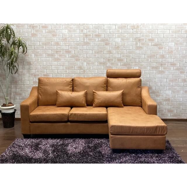 カウチソファ 配置自由 レザーファブリック キャメル 3人掛け 新品未