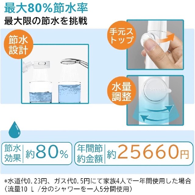 シャワーヘッド 最大80％節水 塩素除去 浄水カートリッジ付き アダプター付 インテリア/住まい/日用品の日用品/生活雑貨/旅行(タオル/バス用品)の商品写真