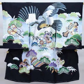 お宮参り 産着 のしめ 男児 正絹 羽二重 金刺繍 兜 龍 黒地 NO36748(お宮参り用品)