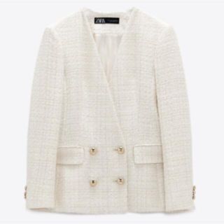 ZARA ノーカラーコート　ホワイト　ツイード　ジャケット