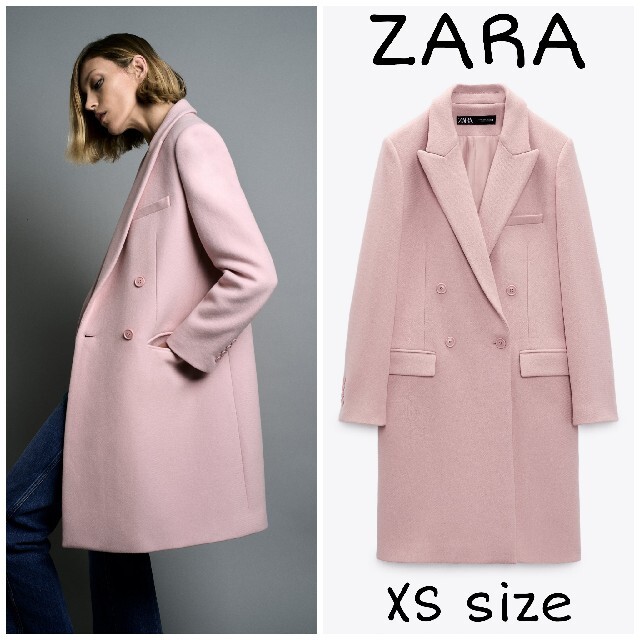 【完売品】ZARA　レア　ウール混紡ダブルブレスト仕様コート　XSサイズ　ピンク | フリマアプリ ラクマ