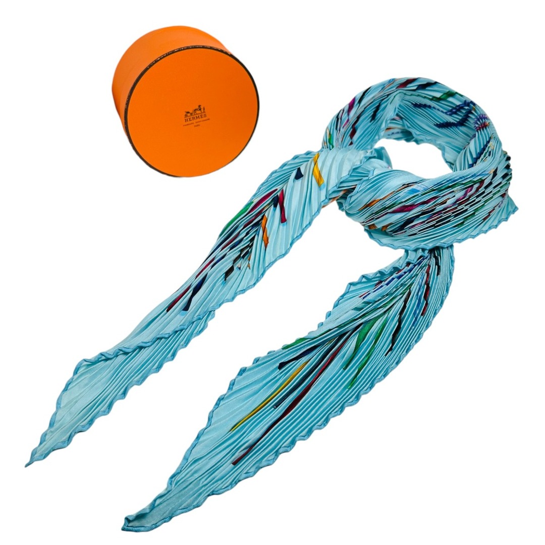 エルメス スカーフ 水色 HERMES A VOS CRAYONS ! プリーツカレ-