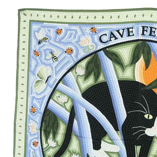 Y1032  エルメス カレ90 CAVE FELEM 猫に注意 シルクスカーフ