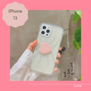 アイフォーン(iPhone)のiPhone12 ケース　ピンク　リボン　ハート　スマホリング　韓国　クリア(iPhoneケース)