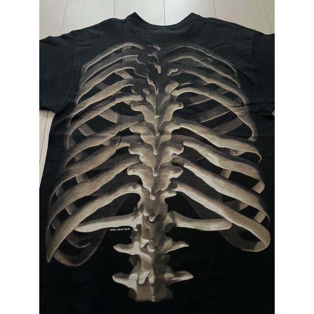 90s リキッドブルー Tシャツ ビンテージ 頭蓋骨 背骨 スカル レアパターントップス