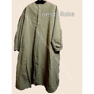 ネストローブ(nest Robe)のnest Robeネストローブ◆モスグリーン系混リネンチュニックワンピース(ロングワンピース/マキシワンピース)