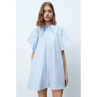 ザラ(ZARA)のZARAザラブルービッグカラーシャツミニワンピース(ミニワンピース)