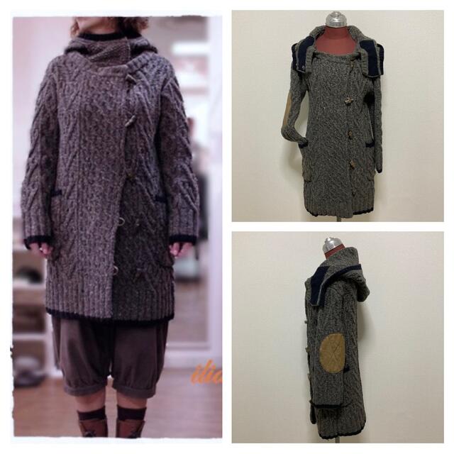 iliann loeb(イリアンローヴ)の美品◆iliann loeb◆レザーパッチ ケーブル編み ニット ダッフルコート レディースのジャケット/アウター(ダッフルコート)の商品写真