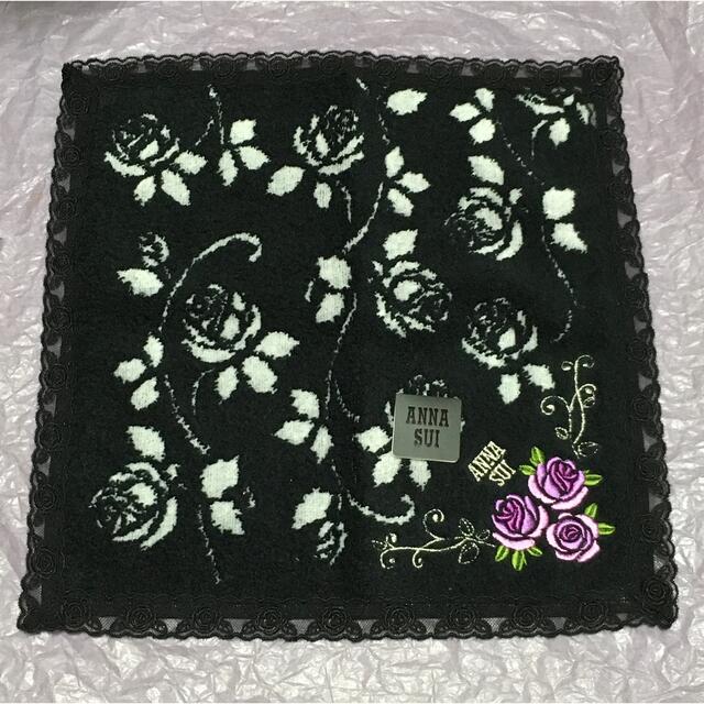 ANNA SUI(アナスイ)の【新品】アナスイ タオルハンカチ☆バラ ローズ 黒 ブラック 紫 レディースのファッション小物(ハンカチ)の商品写真