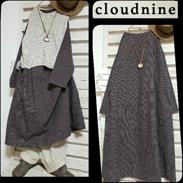 新品Cloud nine/コットンフランネルギンガムxドット刺繍ワンピ MーL