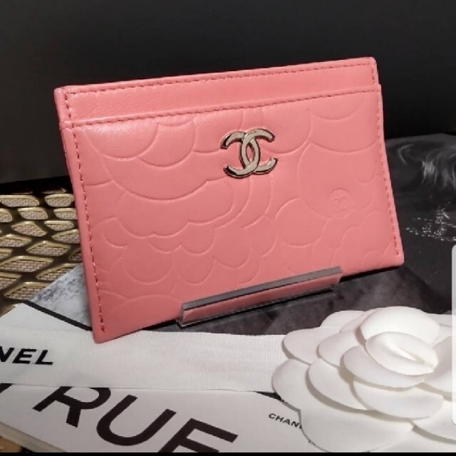 CHANEL ブルーグリーン パスケース カメリア