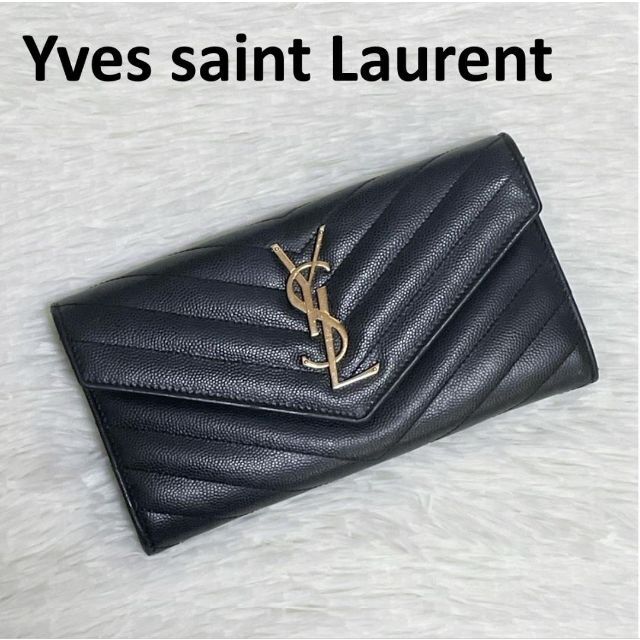 【美品】Saint Laurent キャビアスキン ラージフラップウォレット 長-