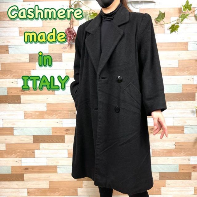 イタリア製】高級カシミヤ100% ロングコート ブラック 総柄 No.S396