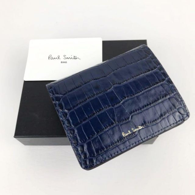 新品 Paul Smith ポールスミス 折り財布 ネイビークロコ型押しレザー