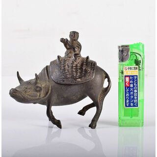 中国　古銅宣徳銅　牛に唐子　のったり香炉　置物　V　R4228