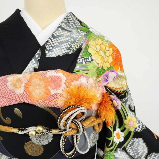 振袖*黒 牡丹藤の花菊梅花の丸鹿の子柄 成人式撮影卒業式に♪8RB20 ...
