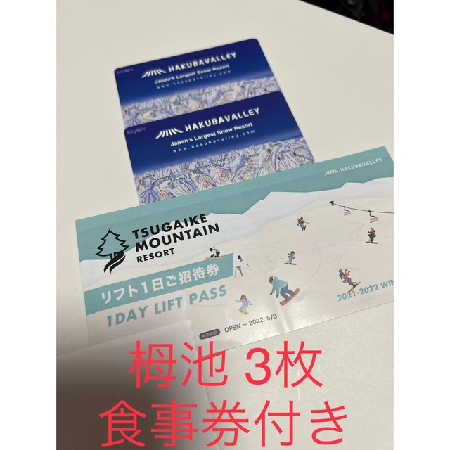 栂池高原スキー場 リフト券×3枚 + 食事券2枚チケット