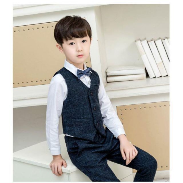 130  フォーマル スーツ ベスト 5点セット ネイビー チェック 入学式 キッズ/ベビー/マタニティのキッズ服男の子用(90cm~)(ドレス/フォーマル)の商品写真