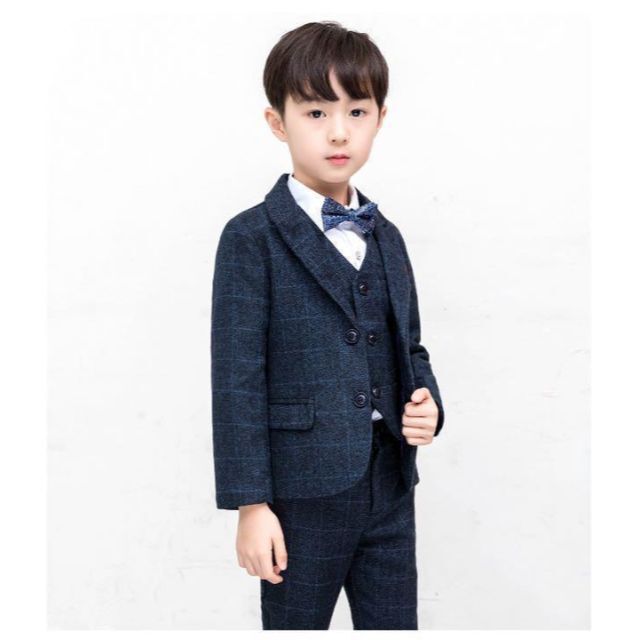 130  フォーマル スーツ ベスト 5点セット ネイビー チェック 入学式 キッズ/ベビー/マタニティのキッズ服男の子用(90cm~)(ドレス/フォーマル)の商品写真