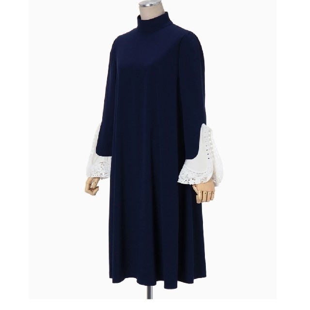 mame - Lace Cuffs A-Line High Neck Dress ネイビー 1 - ひざ丈 mame - Lace Cuffs A-Line High Neck Dress ネイビー 1 - ひざ丈
