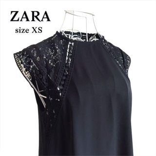 ザラ(ZARA)のZARA ワンピース 半袖 レース 黒 ゆったり XS 大人可愛い(ひざ丈ワンピース)