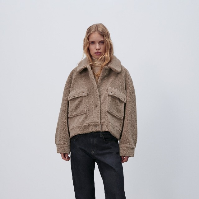 ZARA フェイクボア ポケット ボンバージャケット XSサイズ ブラウン ZARA フェイクボア ポケット ボンバージャケット XSサイズ ブラウン