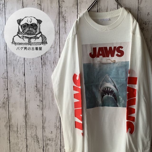 JAWS×プリント】古着 90s ジョーズ メンズ ロンT 白 薄手 ゆるだぼの