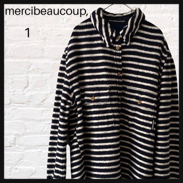 mercibeaucoup(メルシーボークー)のメルシーボークー　ボーダー　厚手ネルシャツ　ネイビー　サイズ1  羽織 レディースのトップス(シャツ/ブラウス(長袖/七分))の商品写真