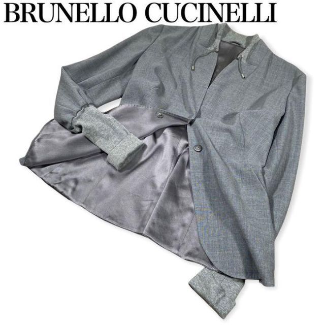 【美品】BRUNELLO CUCINELLI★レイヤードノーカラージャケットカラーグレー