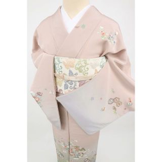 《極上スワトウ刺繍*訪問着*雪輪に花模様 灰桜ピンク 袷正絹