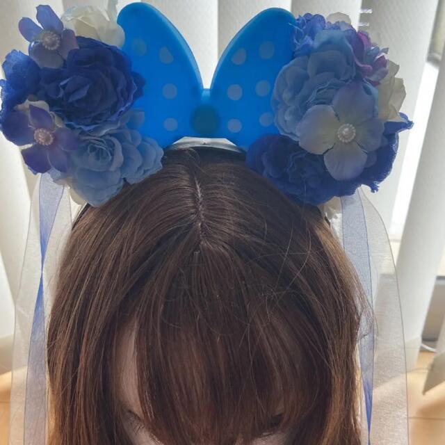 光る 猫耳カチューシャ♡青 ダブルリボン小花付き ラスト1点 レディースのヘアアクセサリー(カチューシャ)の商品写真