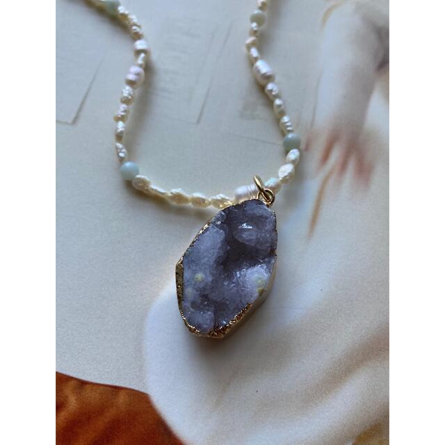 perl&agate04) 天然石　ネックレス　水晶原石　淡水パール　チョーカー ハンドメイドのアクセサリー(ネックレス)の商品写真