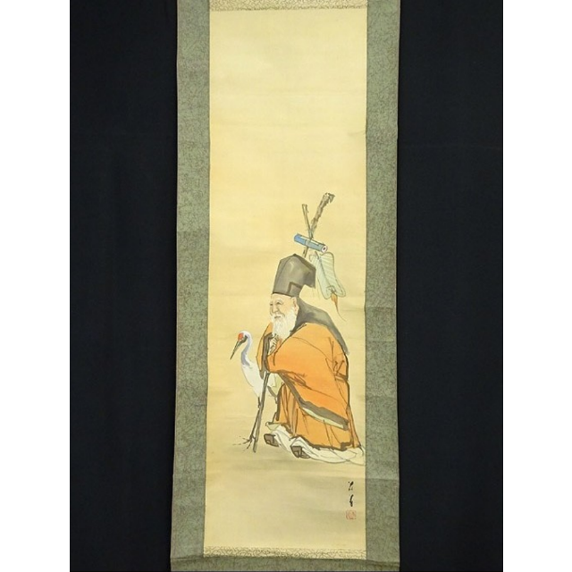 掛軸 在銘『寿老人 人物図』日本画 絹本 肉筆 掛け軸 a010917 2