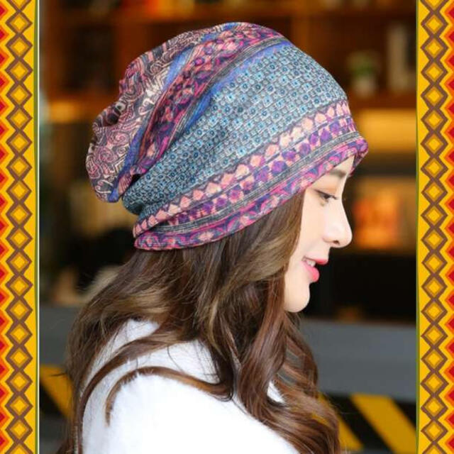 5way！？エスニックターバン／紫 ヘアバンド ネックウォーマー フェイスマスク レディースの帽子(ニット帽/ビーニー)の商品写真