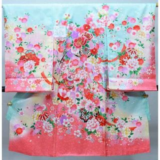 お宮参り 女児 正絹 のしめ 金刺繍 鈴 花車 鼓 水色×ピンク NO36722(お宮参り用品)