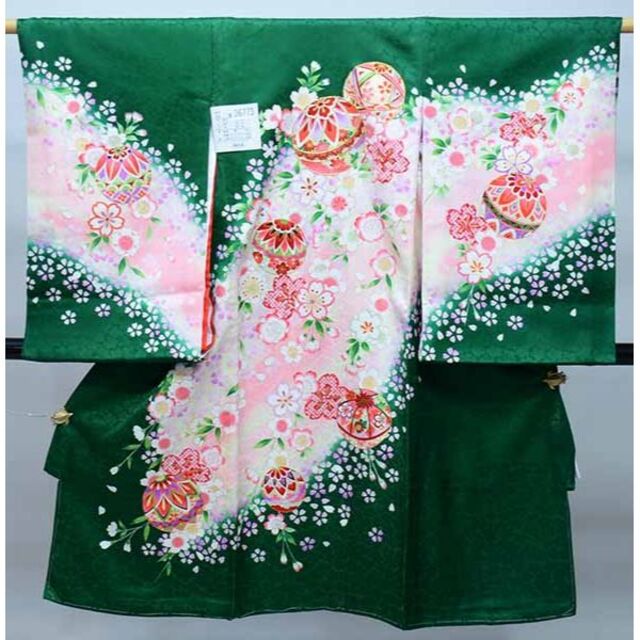 お宮参り 女児 正絹 のしめ 金刺繍 綸子 金駒縫 毬 桜 緑色 NO36773