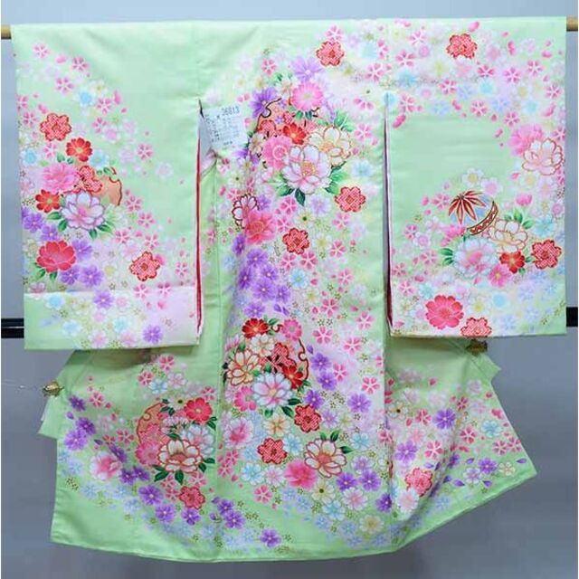 お宮参り 女児 合繊 のしめ 金刺繍 綸子 牡丹 桜 毬 黄緑色 NO36813