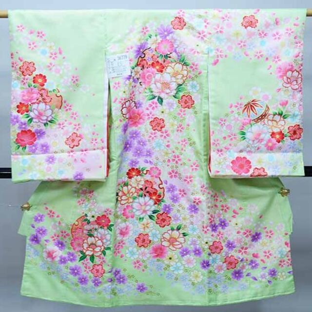 お宮参り 産着 女児 合繊 のしめ 金刺繍 牡丹 桜 毬 黄緑色 NO36779