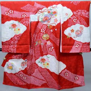 お宮参り 女児 正絹 のしめ 絞り 総刺繍 鈴 牡丹 桜 赤色 NO36808(お宮参り用品)