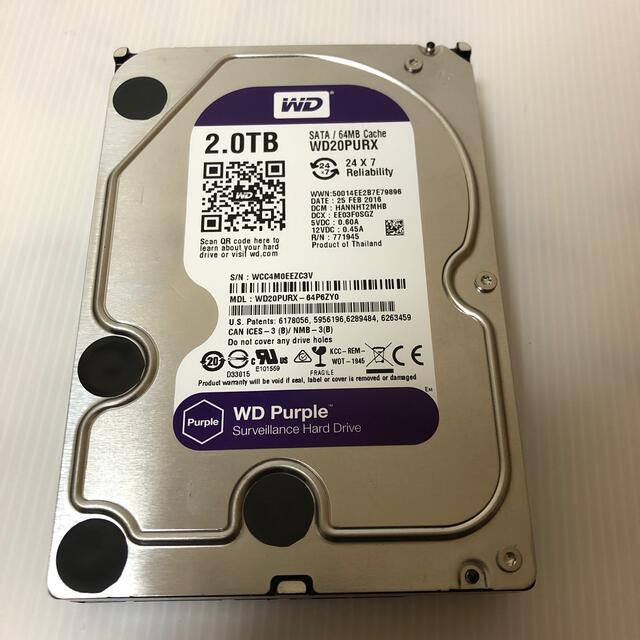 中古 WD Purple WD20PURX 2TB HDD スマホ/家電/カメラのPC/タブレット(PCパーツ)の商品写真