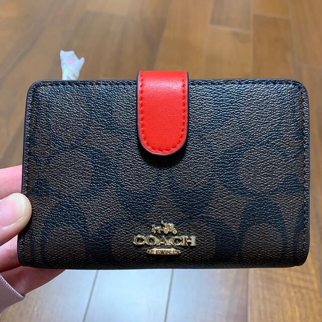 新品☆COACH(コーチ)レッド ブラウン シグネチャー レザー 折り財布