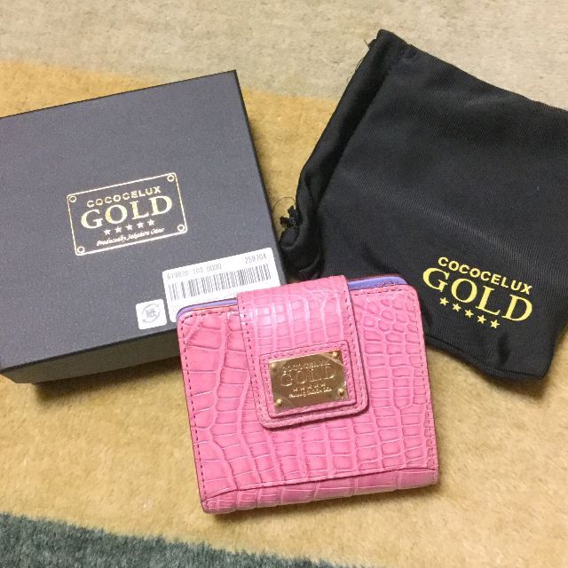 ココセリュックス ゴールド マットクロコ 2つ折りウォレット ピンク専用箱保存袋