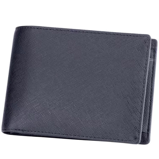 超人気　ブラック　財布 二つ折り 本革 メンズ コンパクト 牛革十字紋仕様　