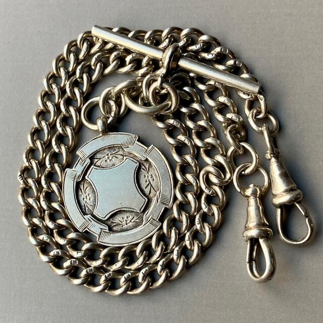 珍しい 【純銀】英国 イギリス メダルフォブ アクセサリー 鎖 