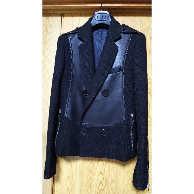 DIOR HOMME(ディオールオム)の国内正規美 ディオールオム レザーコンビ ライダースジャケット黒 38 Pコート メンズのジャケット/アウター(レザージャケット)の商品写真